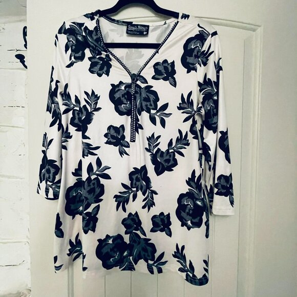 TANGO MANGO Tunic, floral print, sparkly zip-up, women size L. 3/4 sleeves. - Picture 1 of 10